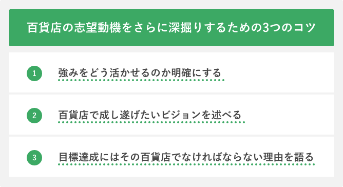 百貨店の志望動機をさらに深掘りするための3つのコツ