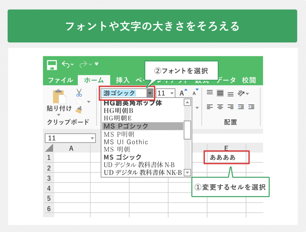 フォントや文字の大きさをそろえる